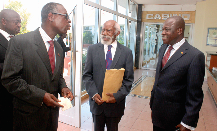 Justice V.C.R.A.C Crabbe (middle), in an interaction with Mr Christian Sottie (left),  and Mr Kwesi Asante (right), Vice-President, ICAG. Pictures: NII MARTEY M. BOTHCWAY
